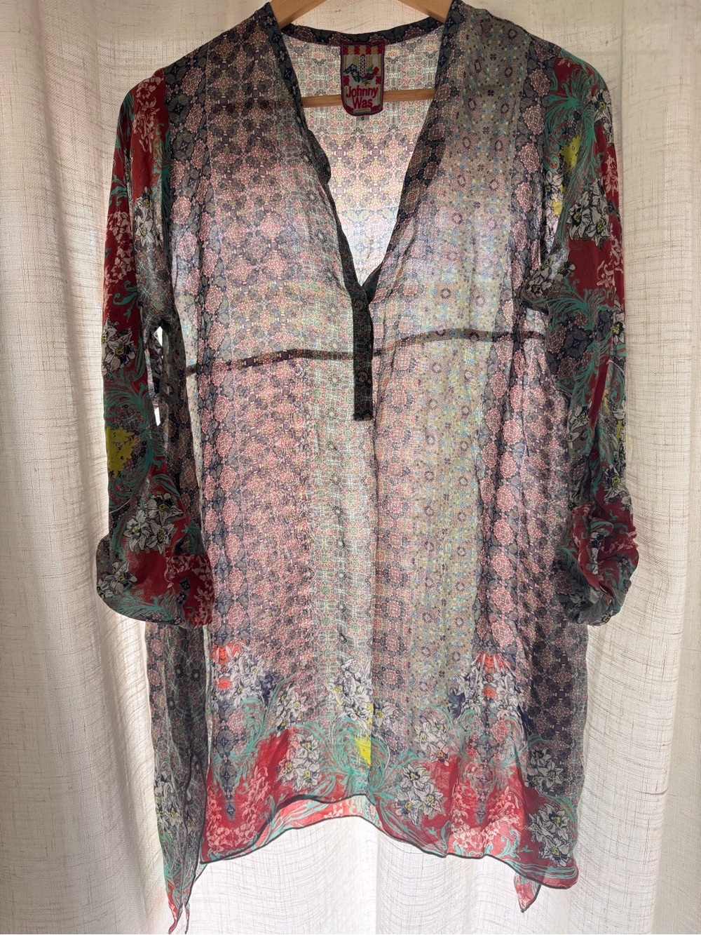Johnny Was Cupra Rayon Tunic Top S Floral Patchwork Boho Blouse - Picture 12 of 12